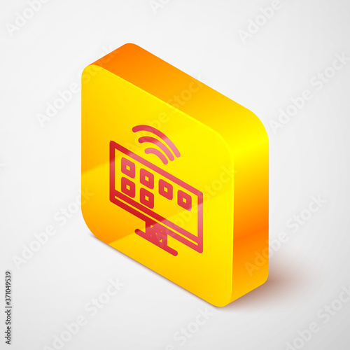 Isometric line Smart Tv system icon isolated on grey background. Television sign. Internet of things concept with wireless connection. Yellow square button. Vector.