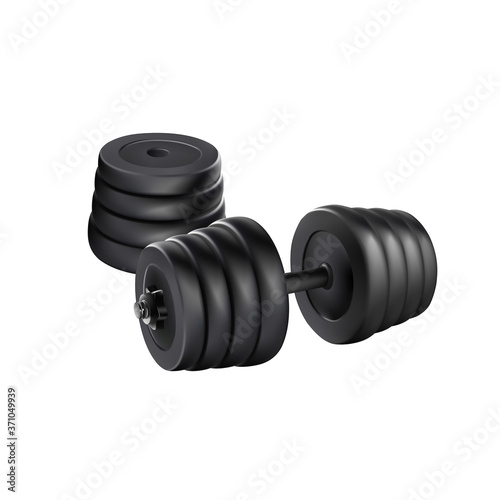Dumbbell adjustable disc isolated vector. realistic fitness weight equipment. Scalable editable illustration. Gym and body building black weights exercise. graphic weight bar
