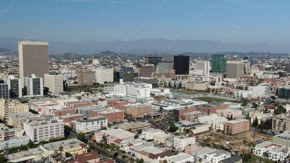 Los Angeles Wilshire Center Towards San Gabriel Mts Aerial Shot Back Los Angeles Wilshire Center Towards San Gabriel Mts Aerial Shot Back
