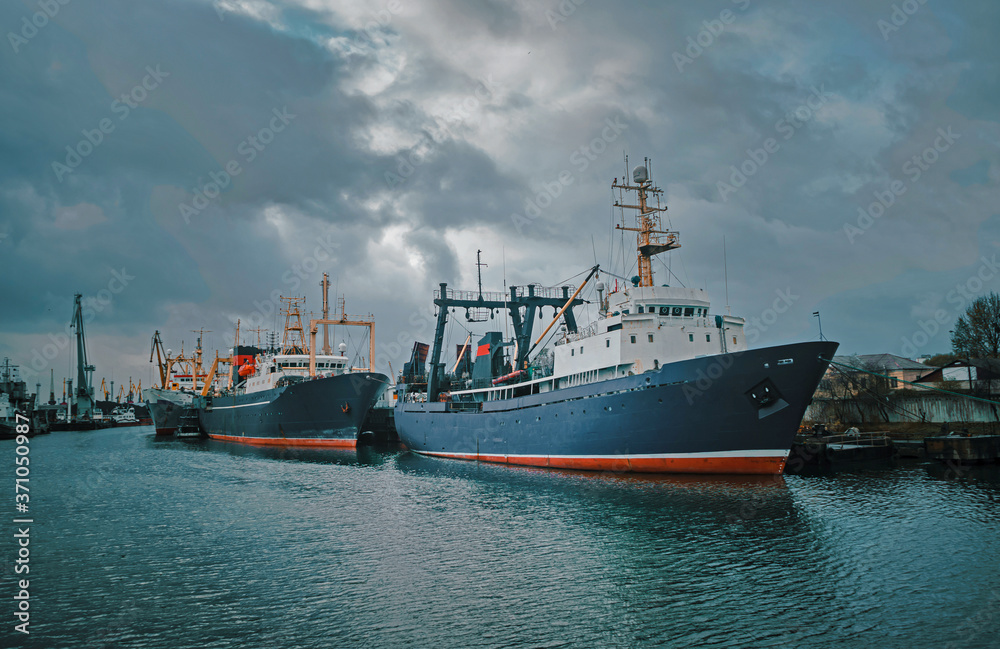 Ships at the seaport in Kaliningrad city