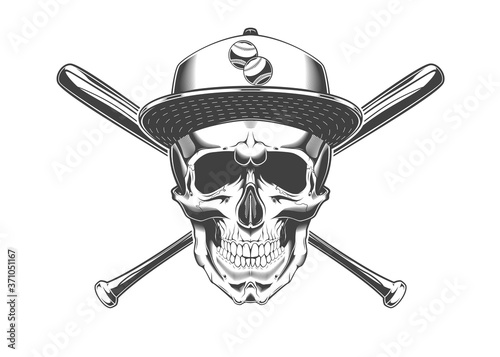 Vintage monochrome skull with baseball cap and crossed baseball bats illustration. Isolated vector template