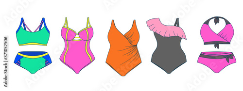 Swimming suits set. Doodle bikini collection. Plus size and curvey ladies swimsuits. Modern and classic style swimwear sketches. Swimwear fashion for all body types.