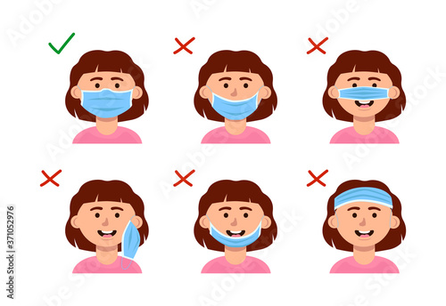 How to properly wear a mask on the face of children. Protection from coronavirus infection. Vector flat cartoon instructions.