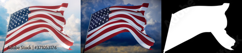 Waving flags of the world - American Flag. Set of 2 flags and alpha matte image. Very high quality mask without unwanted edge. High resolution for professional composition. 3D illustration.