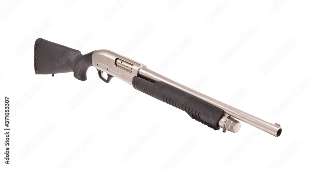 Shotgun on a white background, shot in studio with a black and metal finish. Shotgun on a white background, shot in studio with a black and metal finish.