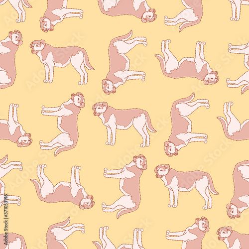 Happy standing dog seamless pattern background. Kawaii fluffy puppy vector illustration.