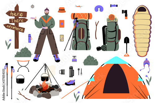 A set of pictures about trekking, camping and traveling in the wild. Vector illustration.