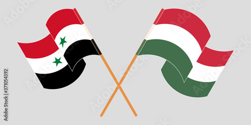 Crossed and waving flags of Syria and Hungary