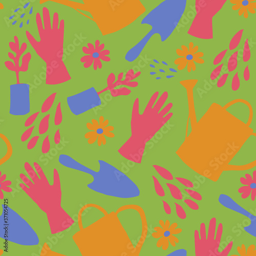 Bright and colorful vector seamless pattern with gardening tools, flowers and waterdrops on green background
