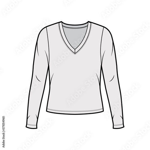 Deep V-neck jersey sweater technical fashion illustration with long sleeves, oversized body. Flat shirt apparel template front, grey color. Women, men, unisex outfit top CAD mockup © Vectoressa