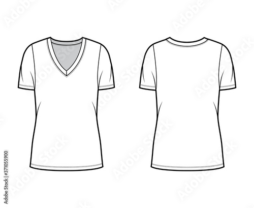 Deep V-neck jersey t-shirt technical fashion illustration with short sleeves, oversized body, tunic length. Flat top apparel template front, back, white color. Women, men, unisex outfit CAD mockup