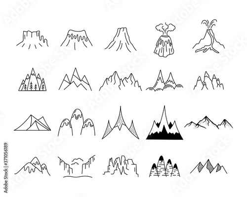 Simple vector mountains icons shapes set. Logo creation kit. Outdoor adventure line art mountain elements bundle. Silhouette linear concept. Stock vector hills collection