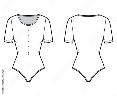 Cotton-jersey t-shirt bodysuit technical fashion illustration with short sleeves, scoop henley neck. Flat outwear one-piece apparel template front, back, white color. Women men unisex top CAD mockup. 