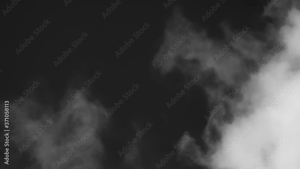 White Steam Crosses the Screen. Clubs of white vapor similar to clouds move slowly on a black background