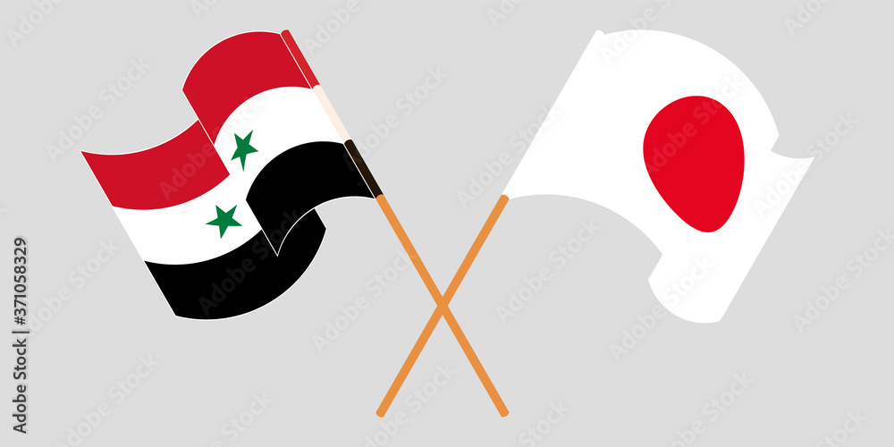 Crossed and waving flags of Syria and Japan Crossed and waving flags of Syria and Japan
