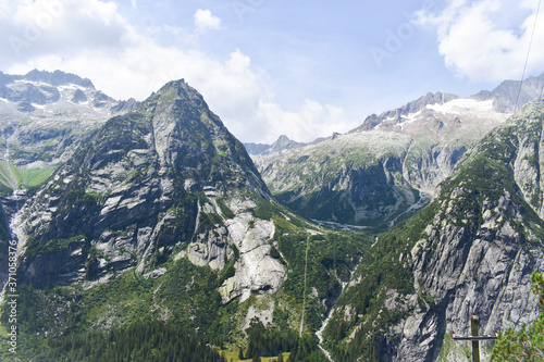 Mountain view, far view. The funicular in the Alps, Switzerland, Gelmer. The steepest train ride in Europe, 106 %.