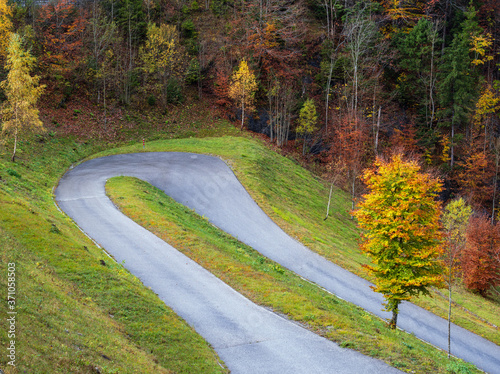 Alpine autumn road view, overcast, foggy and drizzle day. photo