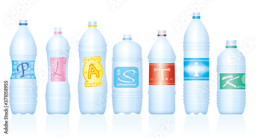 Plastic bottles which make the word PLASTIK. German labeling. Empty water bottles, symbolic for excessive consumption and waste of plastics. Isolated vector on white background.
