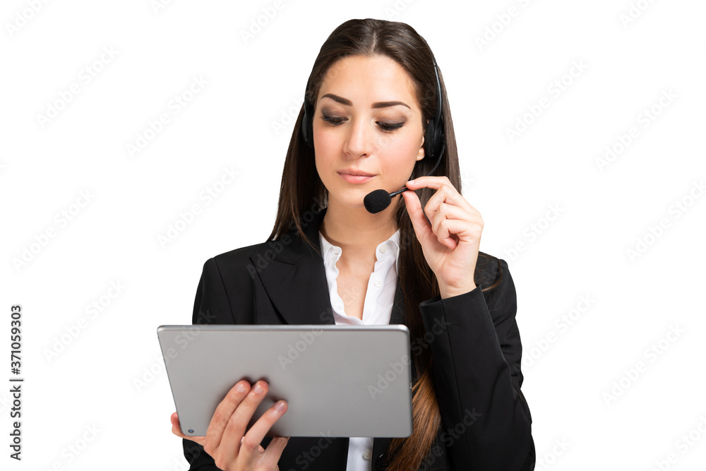 Woman remote meeting using a tablet and headset Woman remote meeting using a tablet and headset