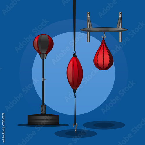 Boxing set. Fighting and boxing equipment. Boxing gym icons. Punching bag. Boxing vector design elements