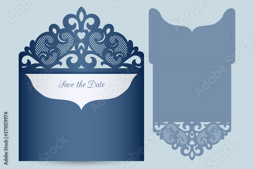 Laser cut pocket envelope template with lace cap. Wedding invitation or greeting card cover with abstract ornament. Suitable for greeting cards, invitations, menus.