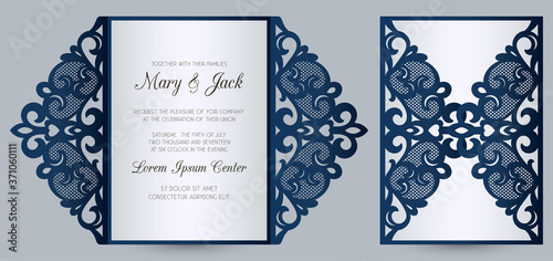 Laser cut wedding invitation gate fold card template. Wedding invitation or greeting card cover with abstract ornament. Suitable for greeting cards, invitations, menus.