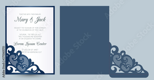 Laser cut pocket envelope template with lace corner. Wedding invitation or greeting card cover with abstract ornament. Suitable for greeting cards, invitations, menus.