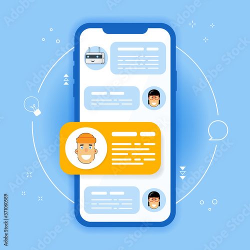 Mobile phone chat notification message on blue background. Vector illustration isolated on colored background, smartphone and chat bubble speeches, concept of online conversation, talk, conversation.