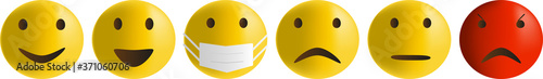 Vector illustration of emoticons depict in an antiviral mask, joy, laughter, vexation, anger on a white background