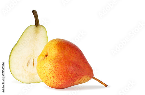 whole and half ripe delicious yellow pears isolated on white background