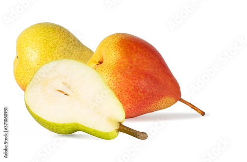 whole and half ripe delicious yellow pears isolated on white background
