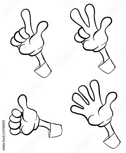 Set of cartoon hands showing different signs, success, pointing, like, dislike, stop.