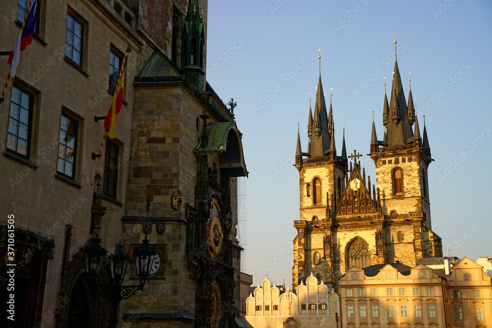 Týn Church and Old Town Hall in Prague in Evening Sunlight