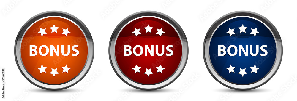 Bonus icon exclusive blue red and orange round button design set Bonus icon exclusive blue red and orange round button design set