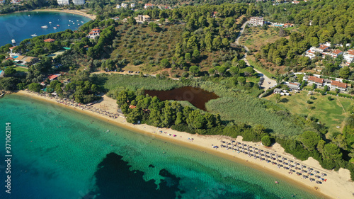Wallpaper Mural Aerial drone photo of popular paradise turquoise beach of Vromolimnos with small swamp next to it, Skiathos island, Sporades, Greece Torontodigital.ca