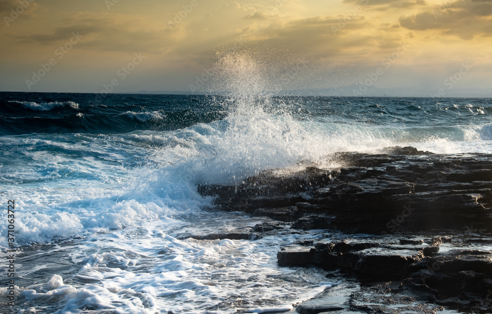 Fototapeta premium Splashing stormy windy sea waves on a rocky seashore