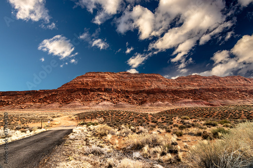 Contrasting rugged landscape of blue skies and red mountains, AZ, USA