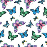 The pattern of blue watercolor butterflies, hand drawing illustration. The seamless pattern isolated on white background.
