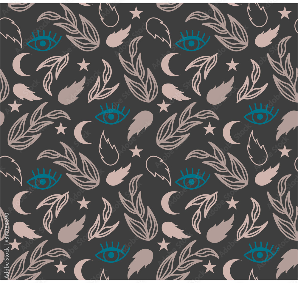 Cute seamless floral magic pattern. Eyes, moon, stars. Vector background in boho style