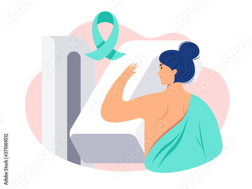 Breast cancer awareness month vector illustration. Woman patient receiving breast cancer test, a mammogram. Breast diagnosis, medical diagnostic equipment, cancer ribbon. Pink background