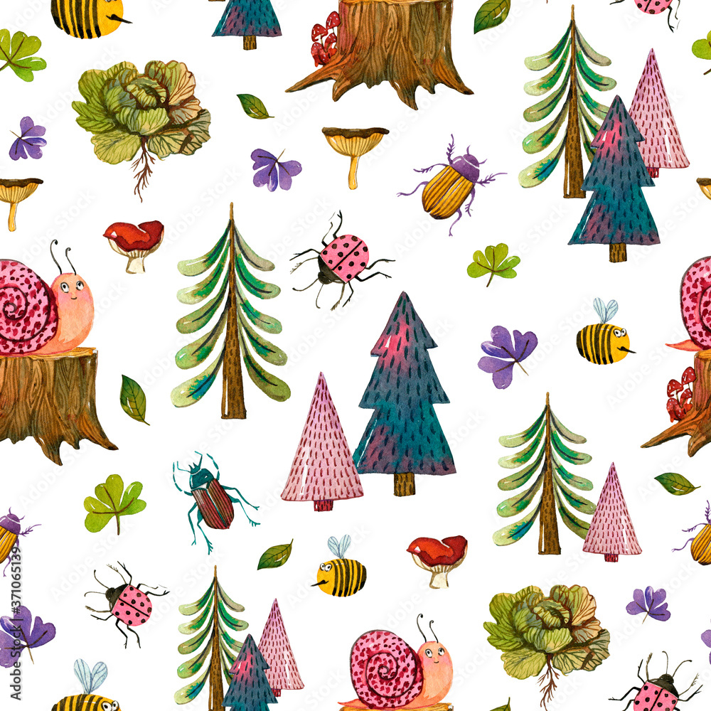 Forest life Cute seamless pattern. Watercolor illustration with forest trees, snail, stump, beetle, bee, cabbage, leaves elements. Digital kids wrapping paper. Pastel colors.
