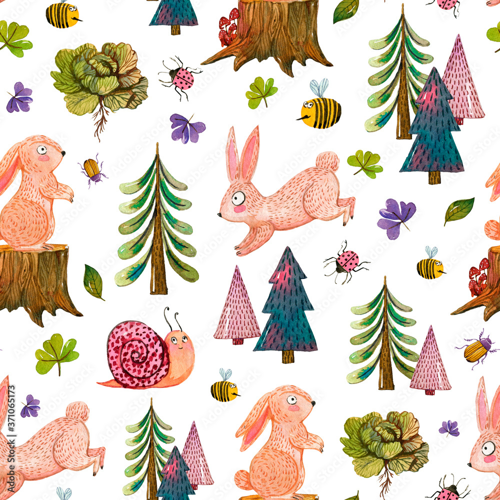 Forest life cute rabbit seamless pattern. Watercolor rabbit ...