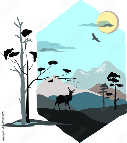 Landscape with a silhouette of a deer against a background of blue sky, mountains, hills, sun and pines in original frame. Vector drawing for design.