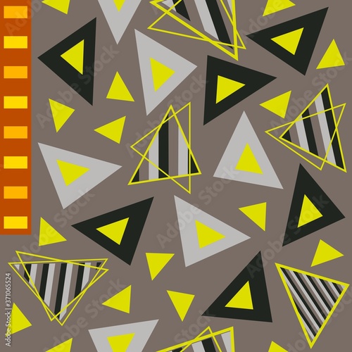 Black, grey, neon yellow, stripes filled triangles and orangy reddish rectangles geometric pattern. Suitable for variety of applications from garment sewing to upholstery, scrapbooking, digital realm.