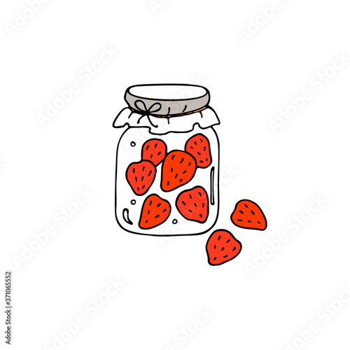 Jar with strawberry jam. Hand drawn vector illustration.