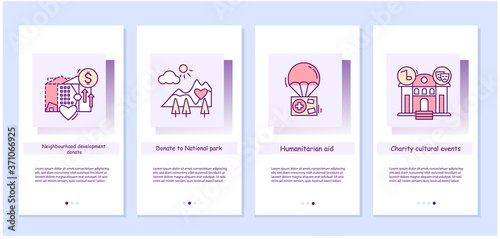 Cultural, humanitarian, neighborhood and national park charity onboarding mobile app screens. Local social activism and awareness. steps menu. Set of UI, UX, web template with RGB color linear icons.