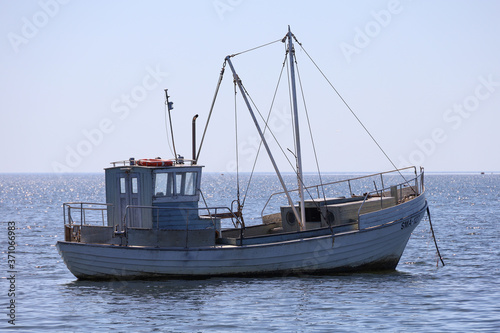 A fishing boat alone in the Baltic Sea off the island of Saaremaa in Estonia