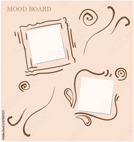 Elaborate calligraphic and floral motives light pink color mood board template. Decorative square space vector collage composition for artistic presentation and photo frame or scrapbooking album