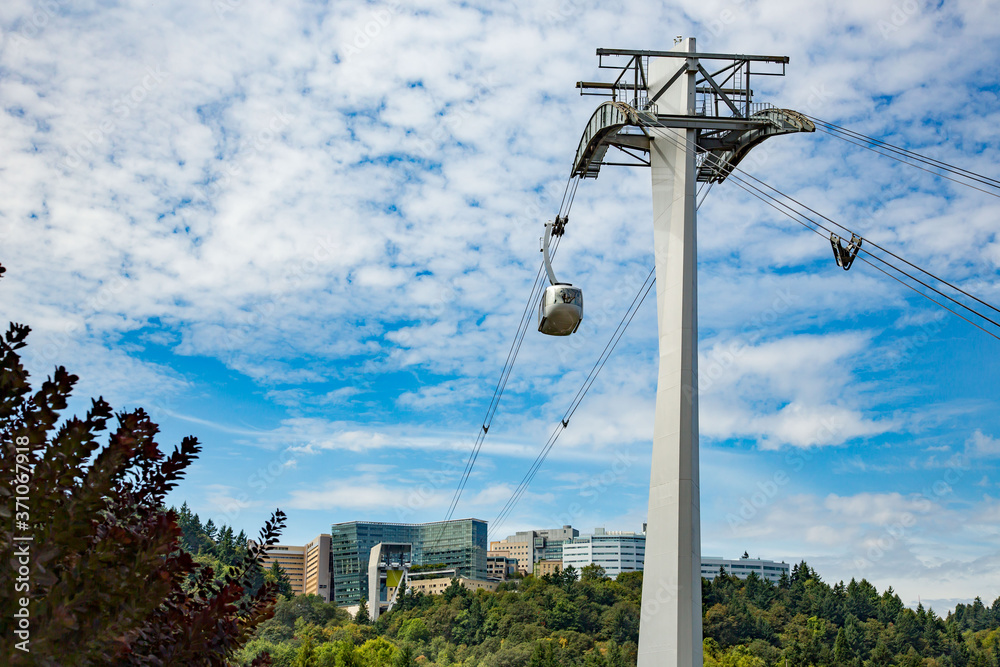 The cable car and tramway that carries patients to a hospital on a hill in south Portland, Oregon.