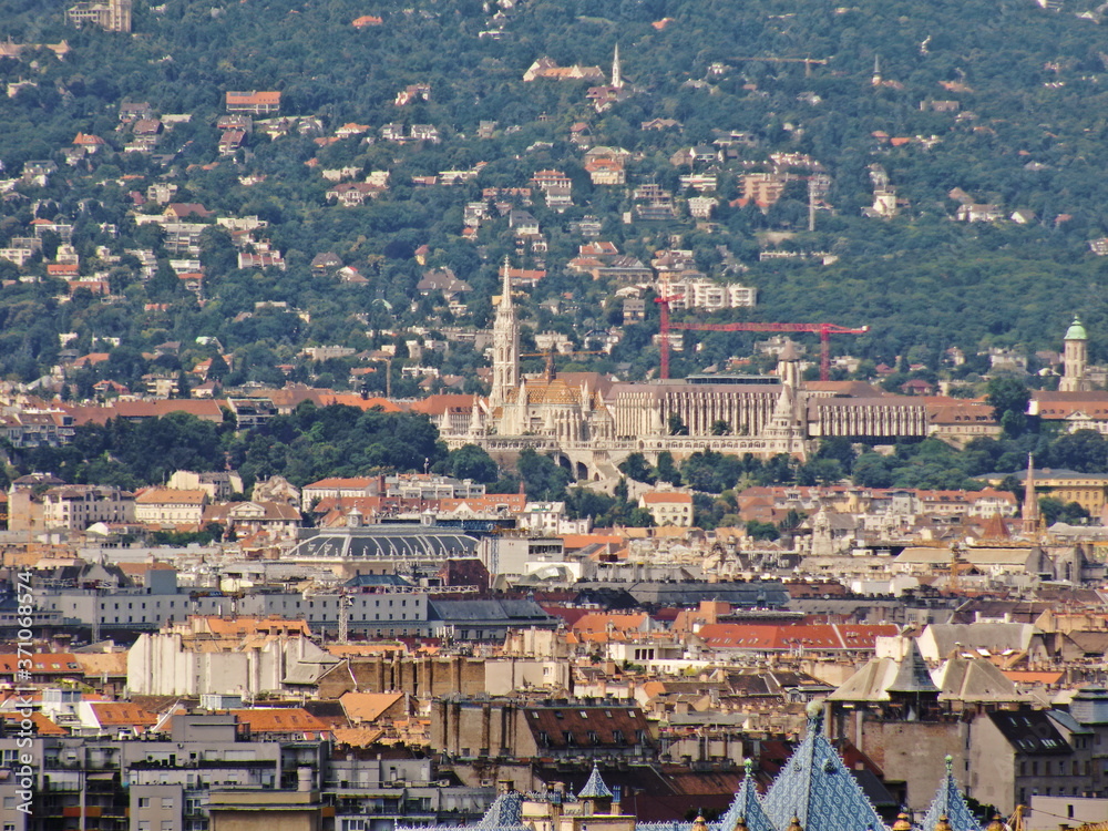 Hungary Budapest long range photo across the city in the center is the Matthias Church